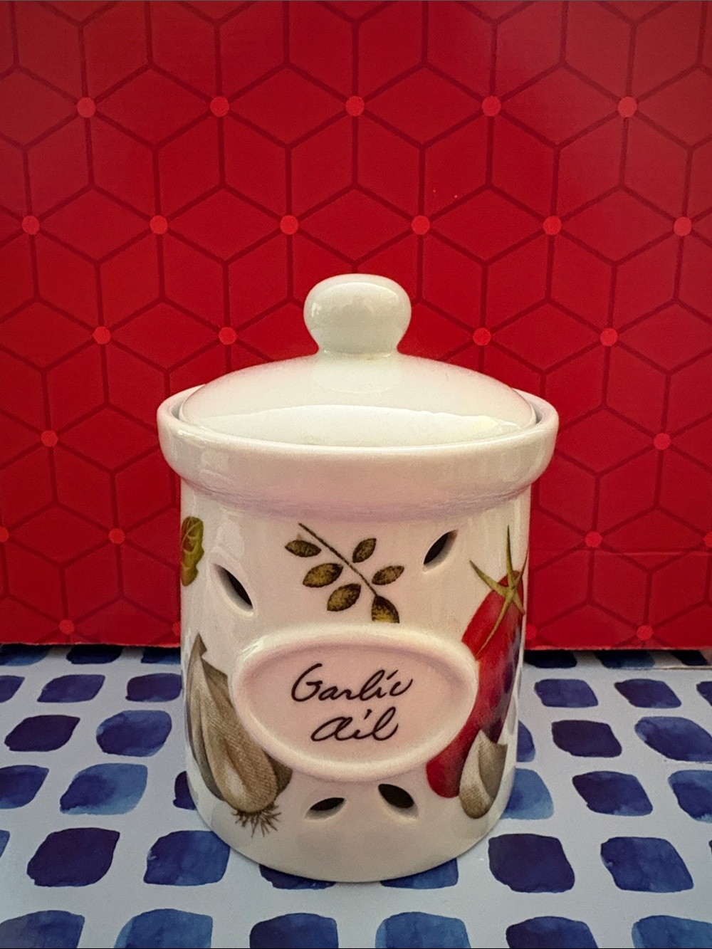 Ceramic Garlic Jar with Lid — Hand-Painted Veggie Design